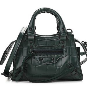 BALENCIAGA Crocodile Embossed Hardware Mini City Forest Green